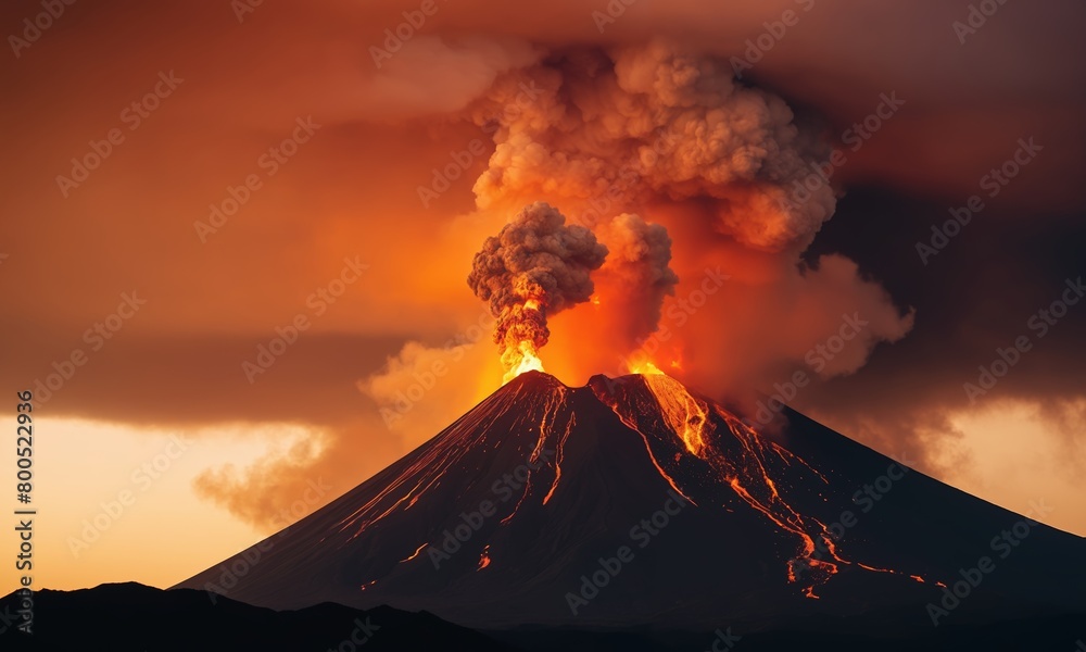 A strong volcanic eruption at sunset