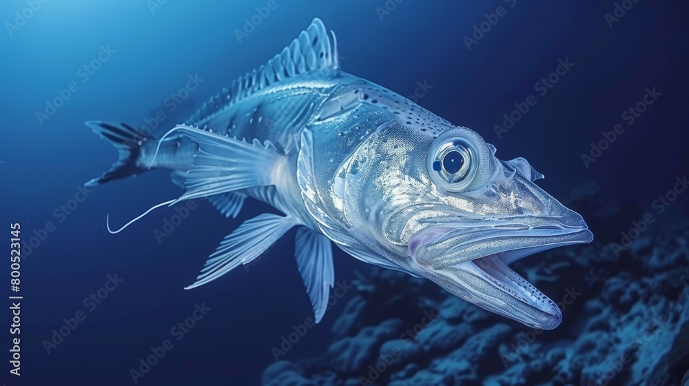 A tight shot of a fish in water, illuminated by light from its side A tight shot of a fish in water, illuminated by light from its side