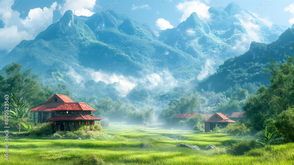 Landscape of rice terraces in the morning with mist and mountain background