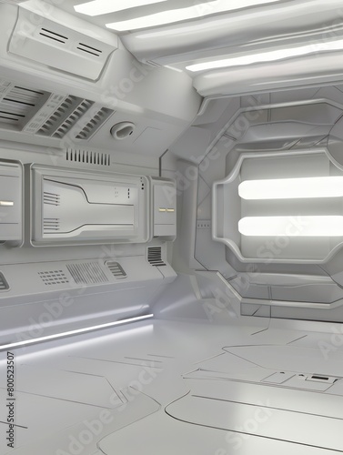 futuristic design of a space station interior in light gray colors