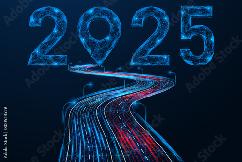 Road to 2025, location indicator at the end of the path. Polygonal design of lines and dots. Blue background.