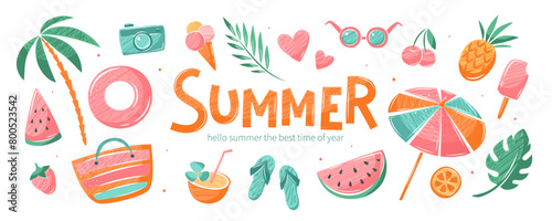 Summer holidays, vacation travel.Set of summer vector illustrations for poster, banner, cover, card.