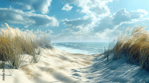 The Serenity Of Sandy Dunes, Tall Sea Grass, And Gentle Ocean Breeze Under A Sunny Blue Sky