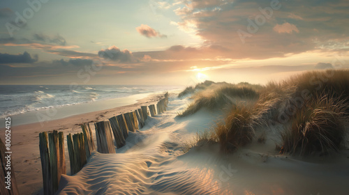 Sunrise Embraces The Beach With Golden Light, Casting Shadows Over The Sand And Wooden Groynes