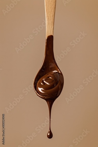 liquid chocolate dropping from a wooden spoon isolated on a light brown background
