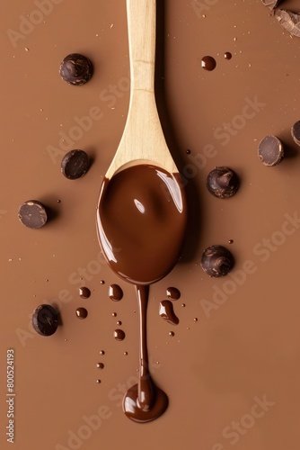liquid chocolate dropping from a wooden spoon isolated on a light brown background