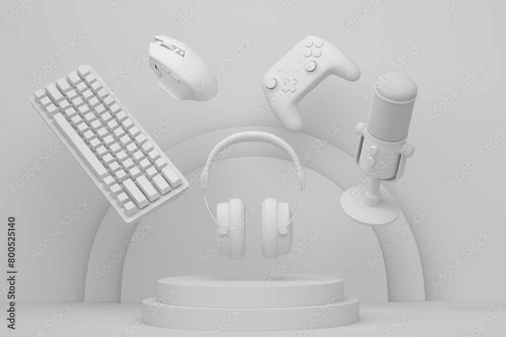 Set of video game joystick, microphone and headphones on monochrome podium Set of video game joystick, microphone and headphones on monochrome podium