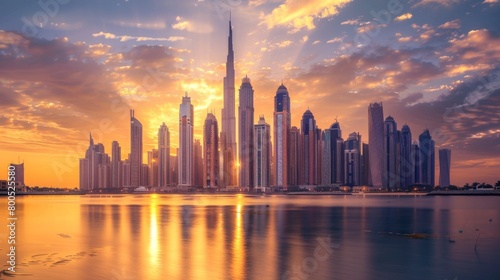 A breathtaking skyline with towering skyscrapers reflecting the golden hues of sunset  epitomizing urban sophistication and modernity.