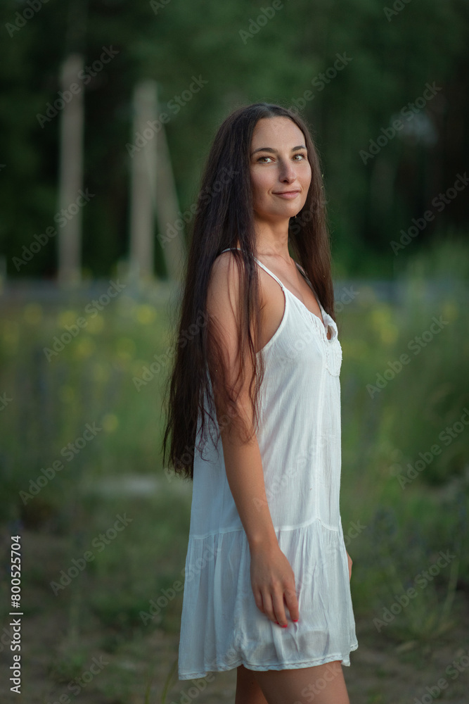 Portrait of a young beautiful dark-haired girl in a light dress in a summer field. Portrait of a young beautiful dark-haired girl in a light dress in a summer field.
