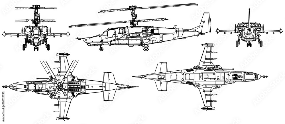 Drawing of russian military helicopter. Black shark.
General view. Top, side, bottom view.  Cad scheme. 