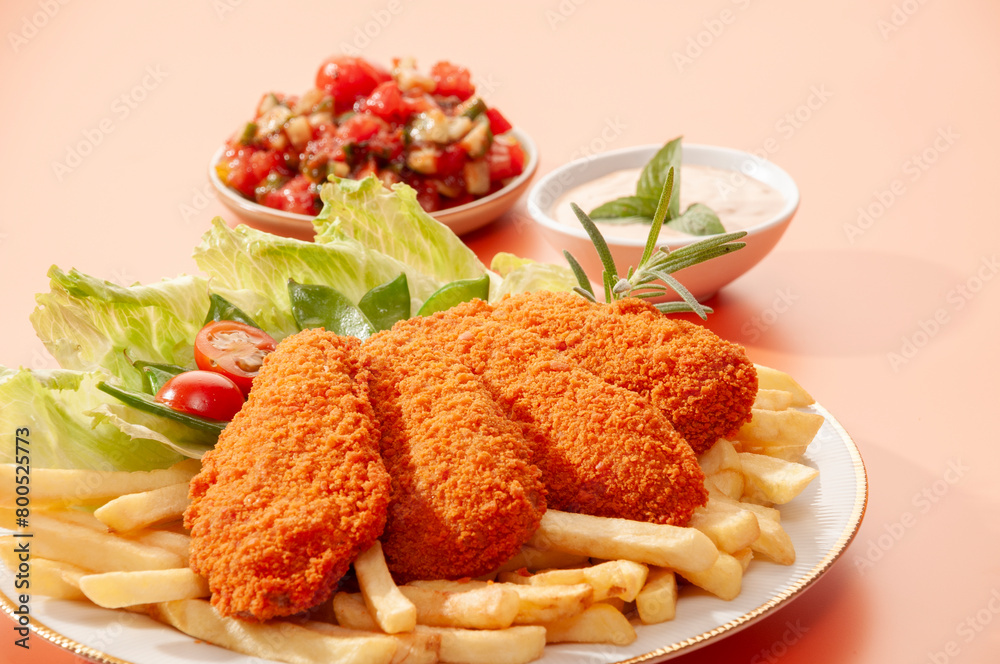 Spicy Tandoori Breaded Chicken Fried fillets with fires and salads Spicy Tandoori Breaded Chicken Fried fillets with fires and salads