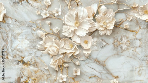 panel wall art featuring a marble background adorned with intricate white and golden flower designs, elevating the ambiance of any space as an exquisite wall decoration. SEAMLESS PATTERN © lililia