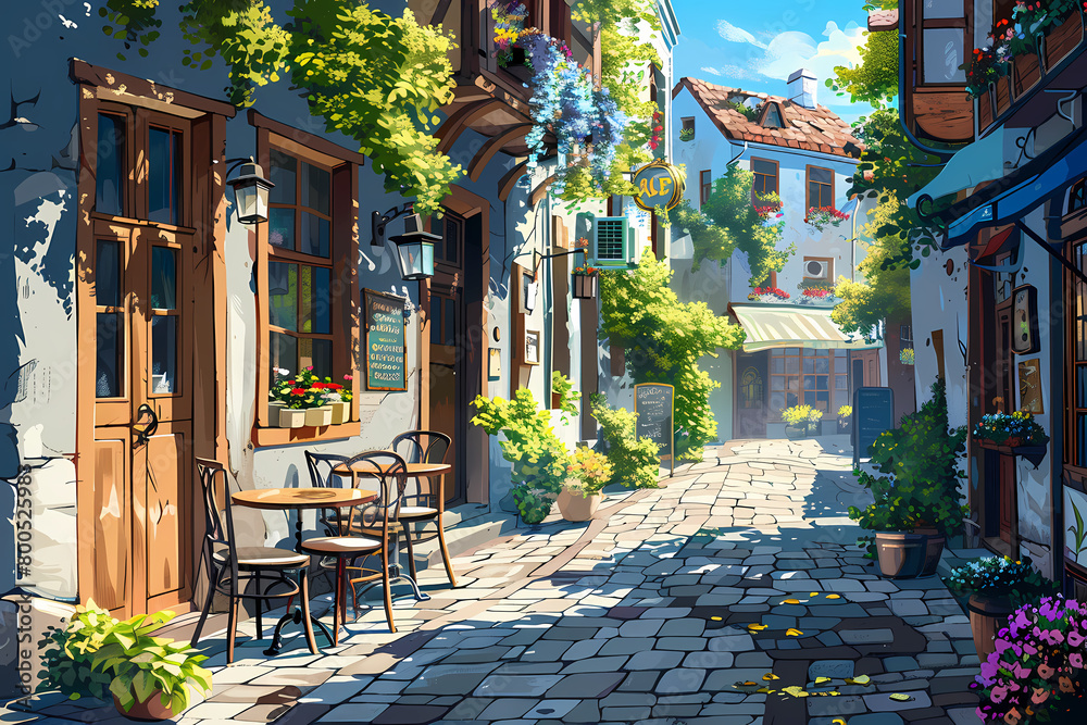 Illustrate a cozy cafe nestled in a quaint European alleyway