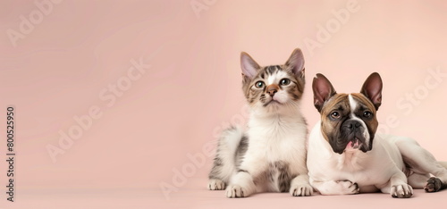 a happy dog and a happy cat, sitting next to each other, with copy space on the right side. Web banner with copy space in left corner for text