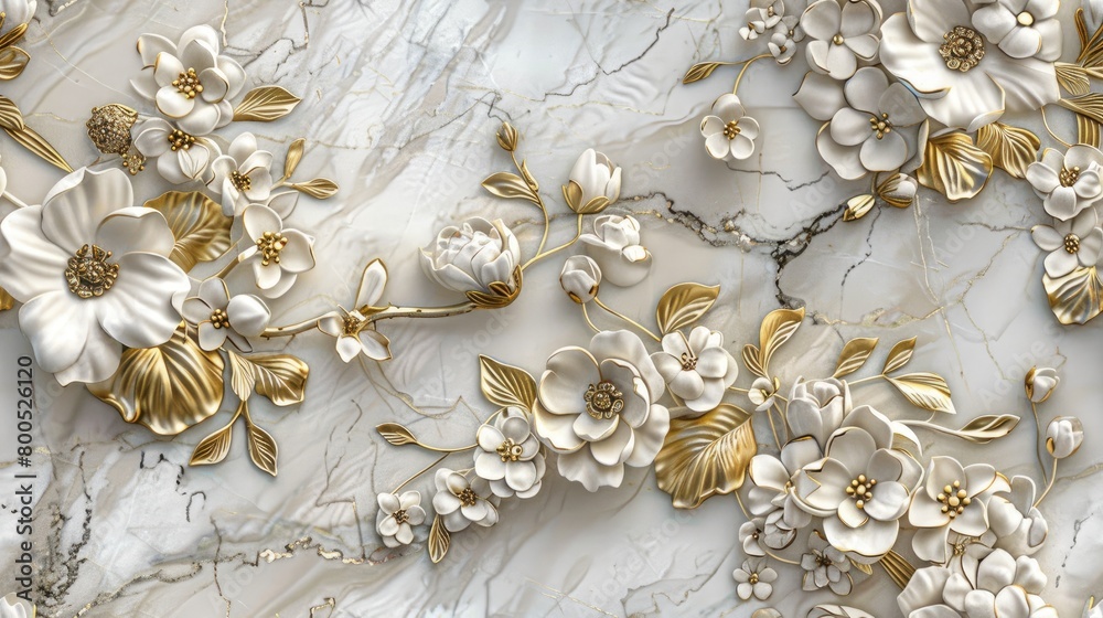 panel wall art featuring a marble background adorned with intricate white and golden flower designs, elevating the ambiance of any space as an exquisite wall decoration. SEAMLESS PATTERN panel wall art featuring a marble background adorned with intricate white and golden flower designs, elevating the ambiance of any space as an exquisite wall decoration. SEAMLESS PATTERN