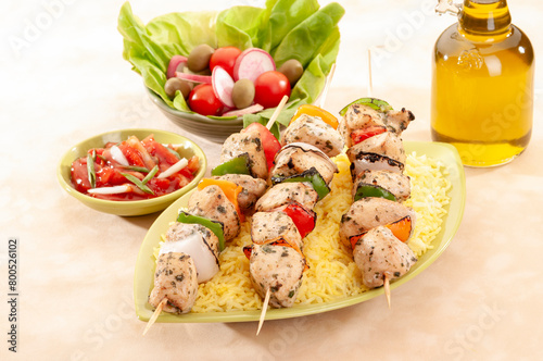 Chicken Shish Kabab with olive oil and radish salad with pickle 