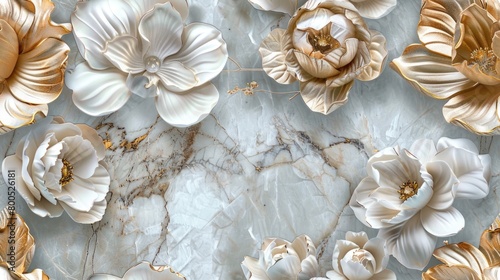 panel wall art featuring a marble background adorned with intricate white and golden flower designs, elevating the ambiance of any space as an exquisite wall decoration. SEAMLESS PATTERN