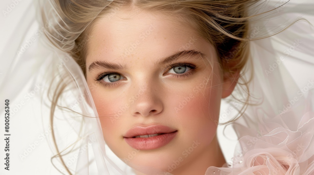 A tight shot of a woman in a wedding gown, her face veiled, adorned with a flower in her hair A tight shot of a woman in a wedding gown, her face veiled, adorned with a flower in her hair