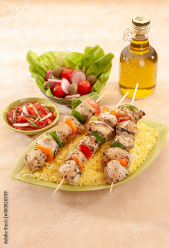 Chicken Shish Kabab with olive oil and radish salad with pickle 