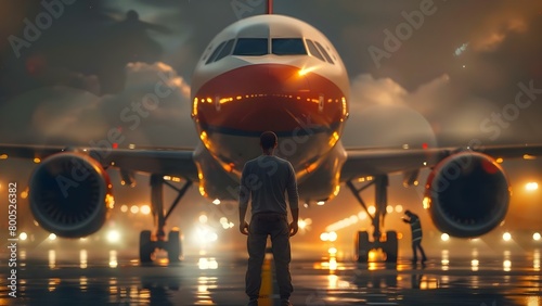 Technician inspecting aircraft on runway at night from low angle view . Concept Aircraft, Technician, Inspection, Night, Runway