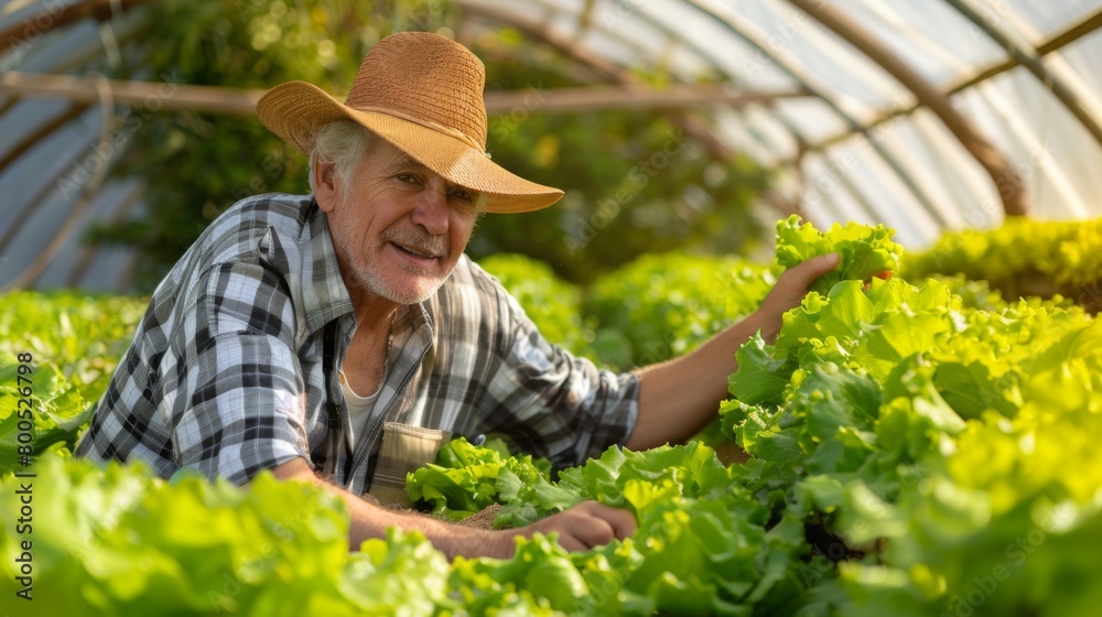 Smiling Farmer Harvesting Fresh Lettuce