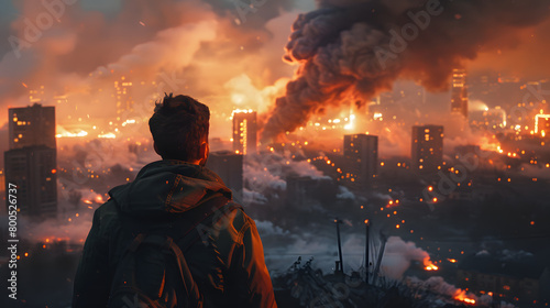Man looking at a burning city