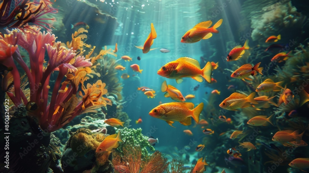 A captivating aquarium scene with golden fish gracefully navigating through aquatic scenery, captivating viewers with their beauty.