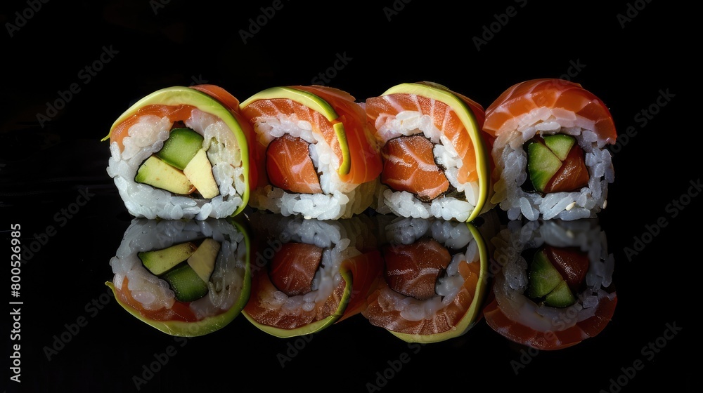 sushi arranged delicately on a sleek black background, accentuating its vibrant colors and exquisite presentation. sushi arranged delicately on a sleek black background, accentuating its vibrant colors and exquisite presentation.