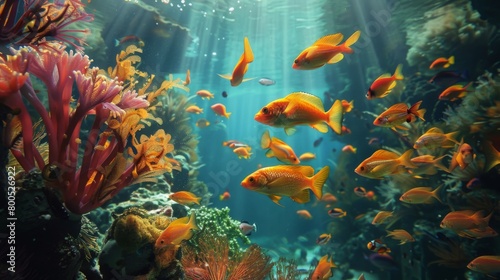 A captivating aquarium scene with golden fish gracefully navigating through aquatic scenery, captivating viewers with their beauty. © Plaifah