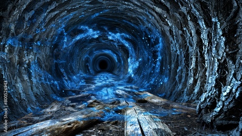   A dark tunnel, encircled by wood planks, ends in a blue light photo