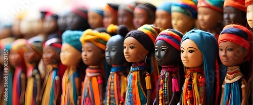 Rows of multiethnic and transnational handmade figures, souvenirs of traditional handmade dolls in elegant outfits, conceptual art showing the diversity of people around the world. Generative AI photo