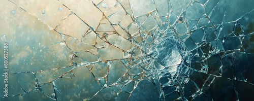 Detailed view of shattered glass with a colorful backdrop