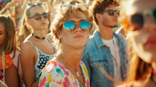 Young blond guy with sunglasses next to his friends group at a festival