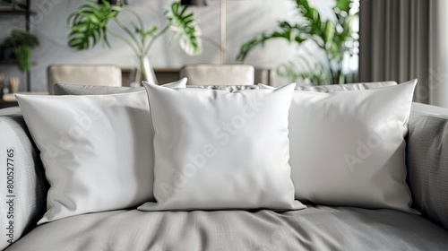 white square throw pillows adorning a couch in a modern living room, illuminated by soft lighting that accentuates their texture and shape, inviting relaxation and comfort.