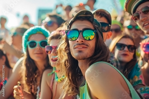 A man with sunglasses on his face is smiling at the camera, he is surrounded by a group of people in a festival