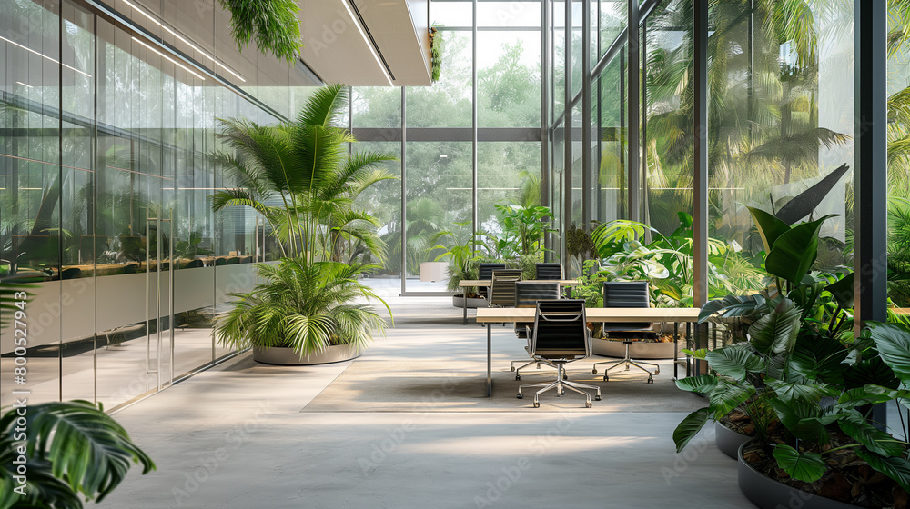 Modern Building Interior: Defocused Image of Green Office Concept with Open Workspace and View of Outdoor Trees, Featuring Eco-Friendly Design and Lush Green Plants