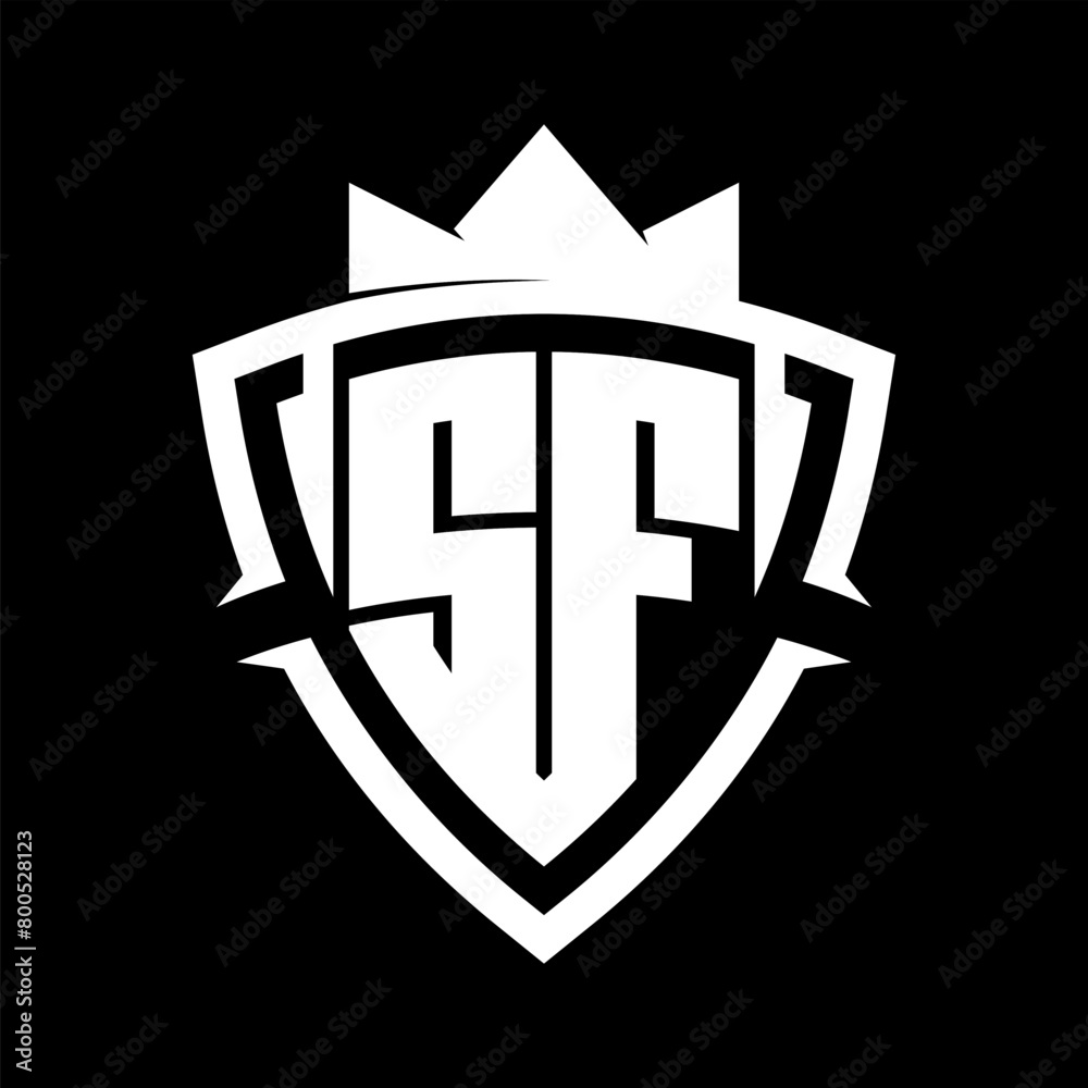 SF Letter monogram with triangle curve shield shape with crown white and black background color design SF Letter monogram with triangle curve shield shape with crown white and black background color design