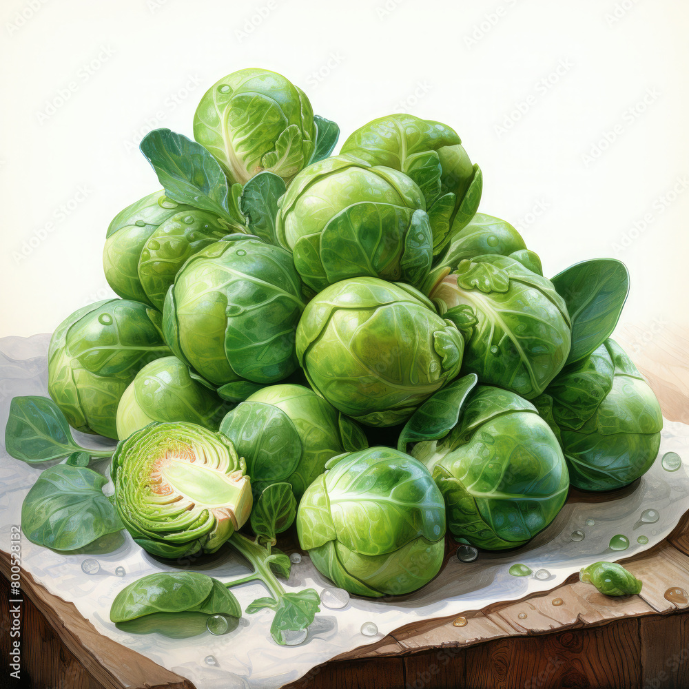 Watercolor Brussels Sprouts Illustration, Generative Ai Watercolor Brussels Sprouts Illustration, Generative Ai