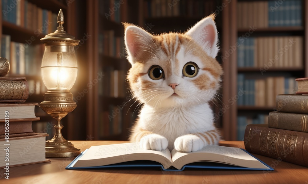 Cute cat reading books in the library, close-up Cute cat reading books in the library, close-up