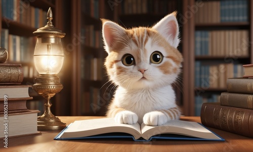 Cute cat reading books in the library, close-up