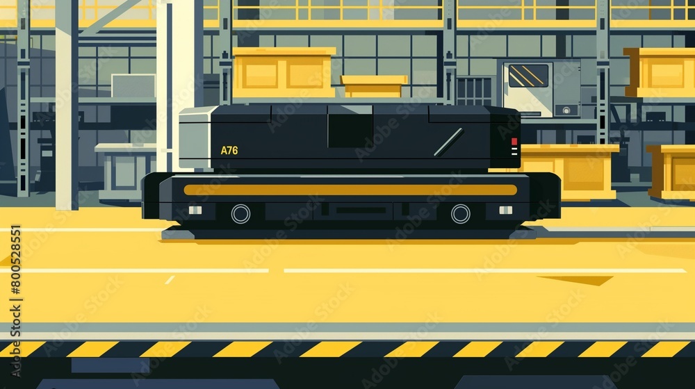 Flat solid color illustration of a black automated guided vehicle (AGV) on a yellow background in a warehouse.