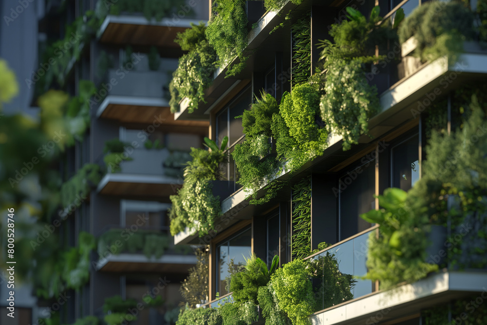 Green Facade: Tower Block with Plants and Numerous Balconies Creating a Lush Exterior