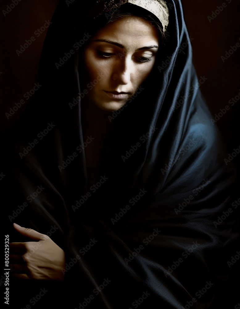 Virgen María con túnica negra de luto y el rostro triste Virgen María con túnica negra de luto y el rostro triste