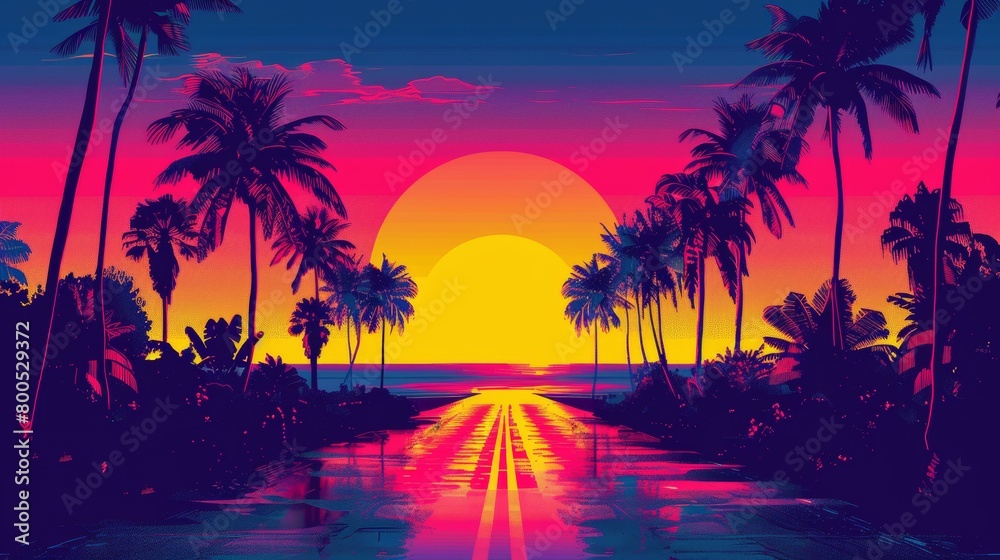 Vibrant sunset over a tropical beach with palm trees