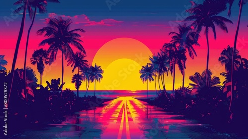 Vibrant sunset over a tropical beach with palm trees