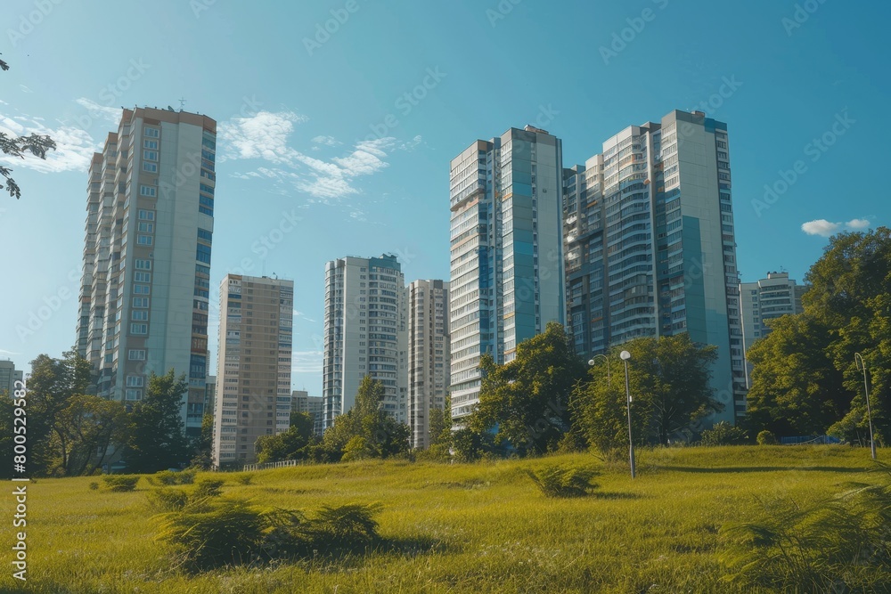 Obraz premium Modern apartment buildings in green residential area on a bright sunny day in a vibrant city setting