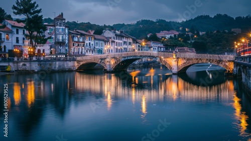 A charming waterfront town with a quaint bridge adorned with fairy lights, reflecting its shimmering glow on the calm waters below, creating a romantic ambiance. photo