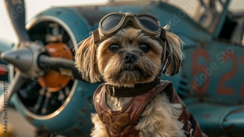 A dog wearing a leather jacket and aviator goggles is sitting in front of an airplane. AI. © serg3d