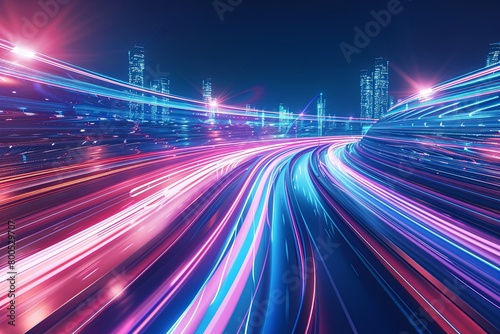 3D Futuristic Highway Speed Trails Night City Lights Abstract