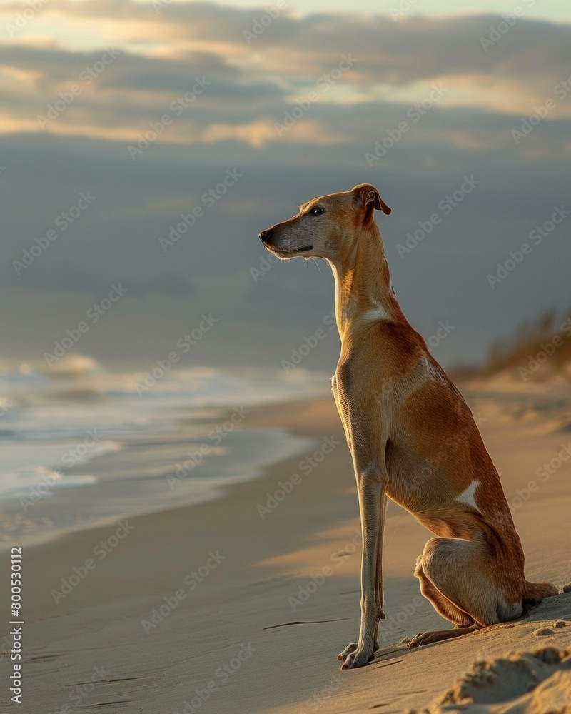 A brown and white dog sits on the beach and looks out at the ocean. AI. A brown and white dog sits on the beach and looks out at the ocean. AI.